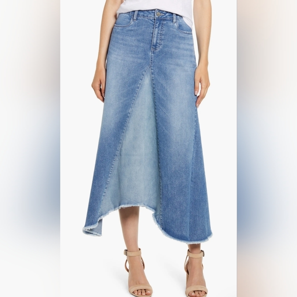 Wash Lab Two Tone Denim Asymmetrical Midi Skirt 29 Raw Hem Pieced
